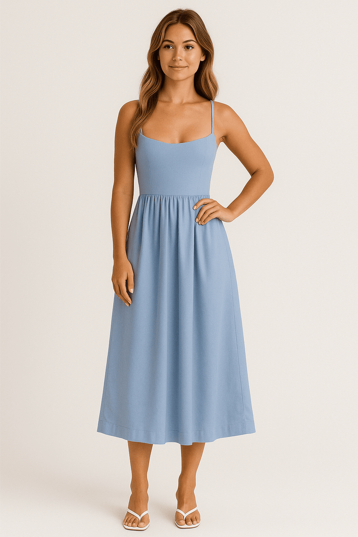 Niamh – Classic A-Line Midi Dress with Soft Pleats & Defined Waist