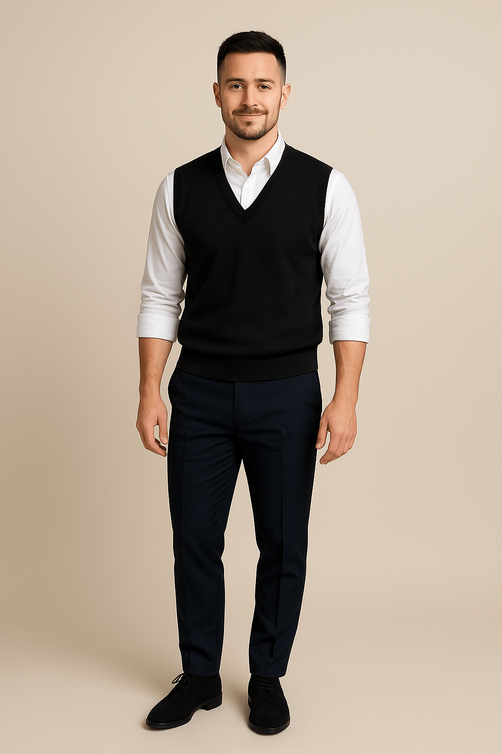 Carl – Men’s Sleeveless V-Neck Fine Knit Sweater with Ribbed Trim