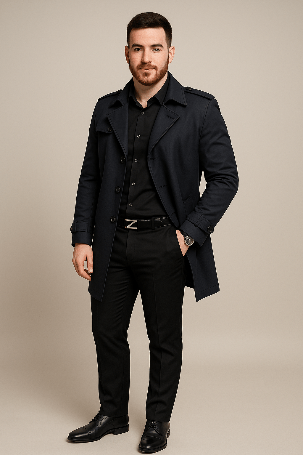 Emil – Men’s Medium-Length Double-Breasted Trench Coat with Structured Fit