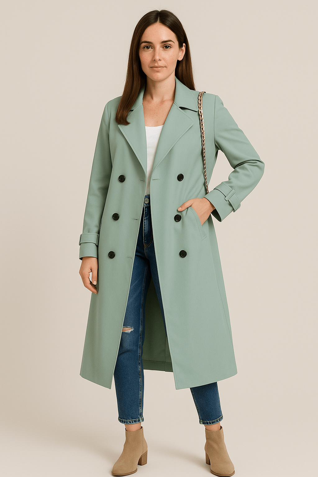 Isha – Women’s Relaxed Double-Breasted Trench Coat with Belted Waist