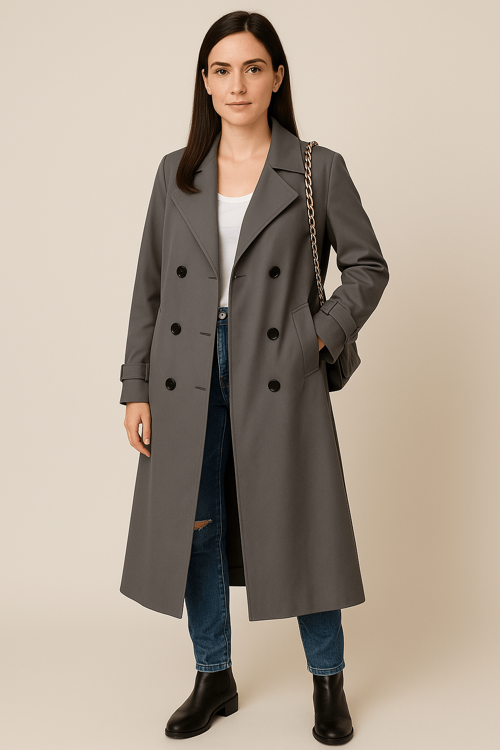 Isha – Women’s Relaxed Double-Breasted Trench Coat with Belted Waist