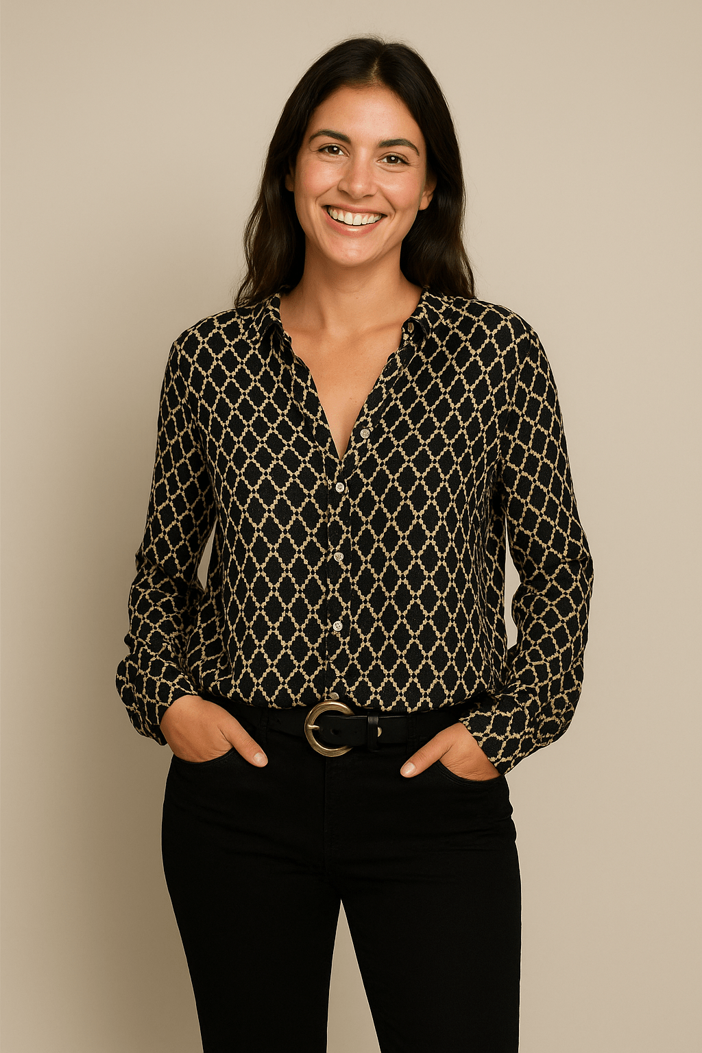 Jess V-Neck Blouse – Timeless Patterned Elegance