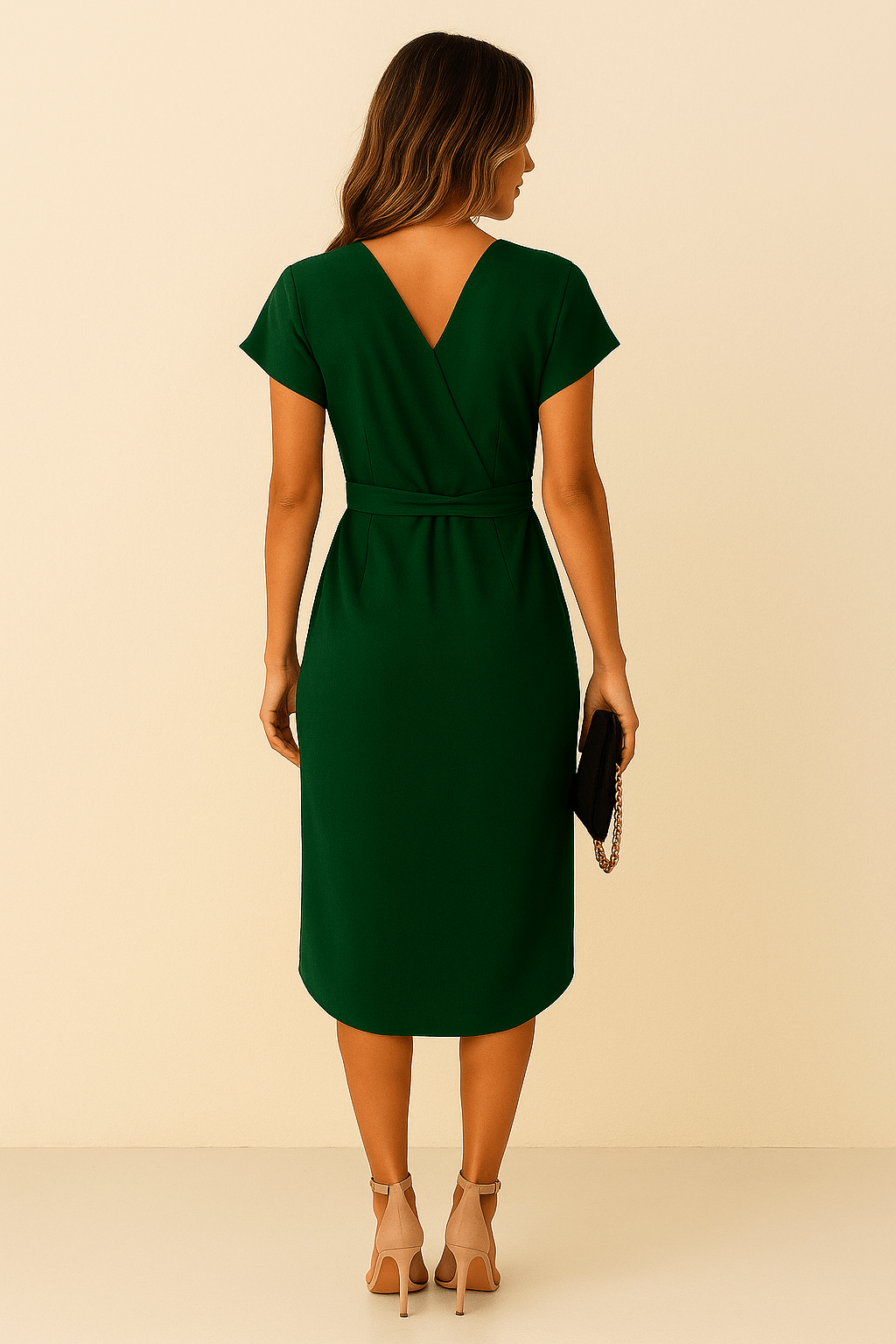 Jolene Elegant Wrap Midi Dress with V-Neck Green