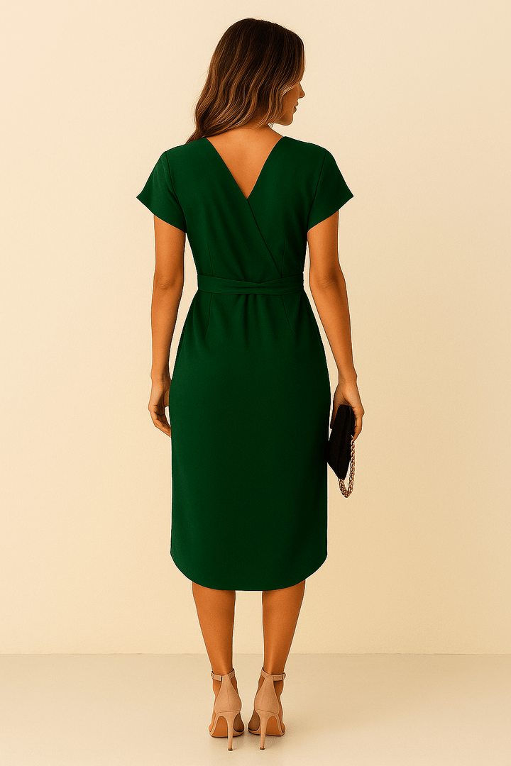 Jolene Elegant Wrap Midi Dress with V-Neck Green