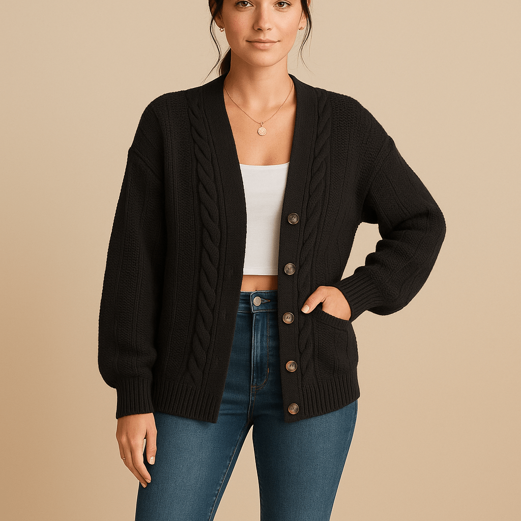 Karine – Women’s Oversized Wool Knit Cable Cardigan Jacket with Button Front