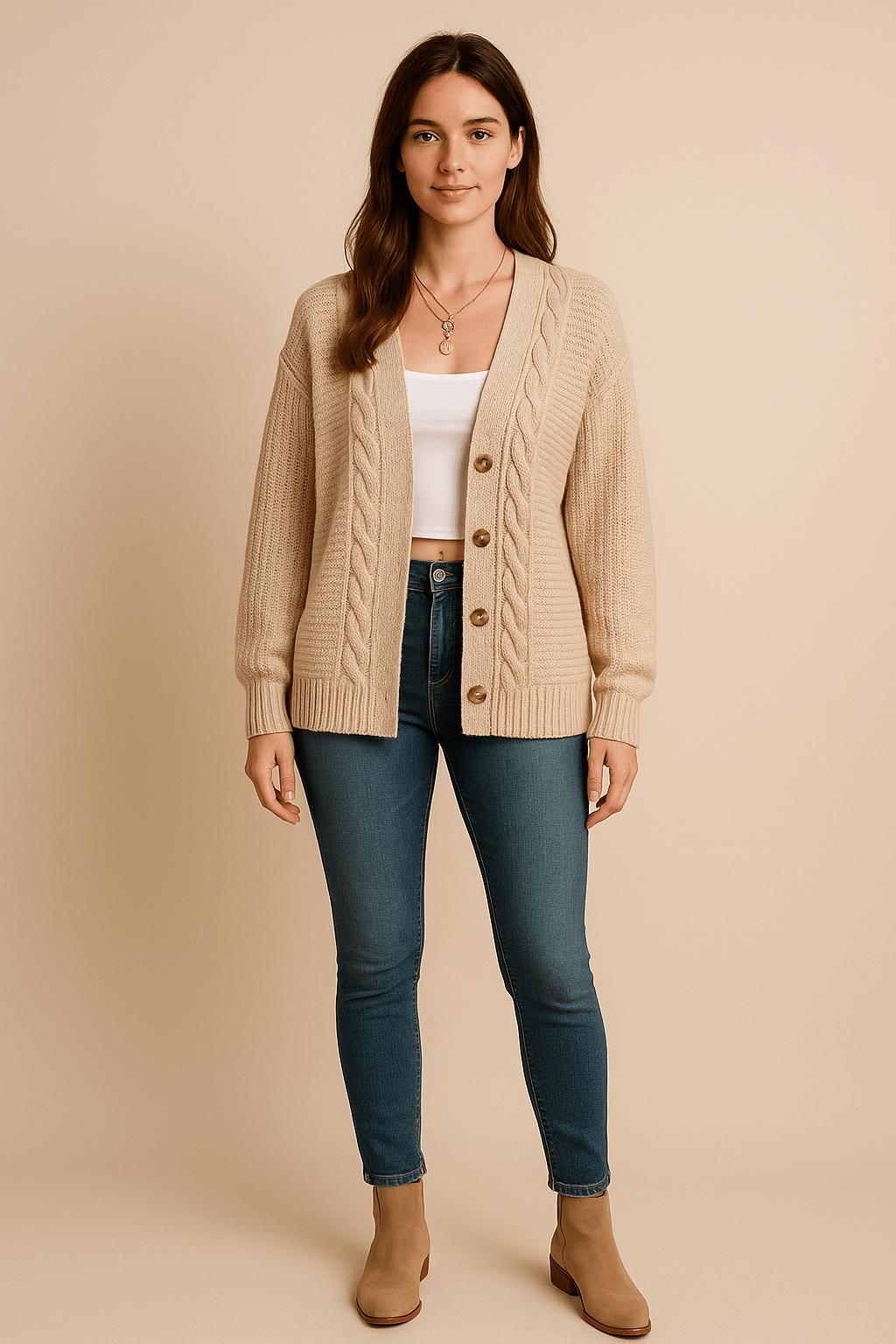 Karine – Women’s Oversized Wool Knit Cable Cardigan Jacket with Button Front