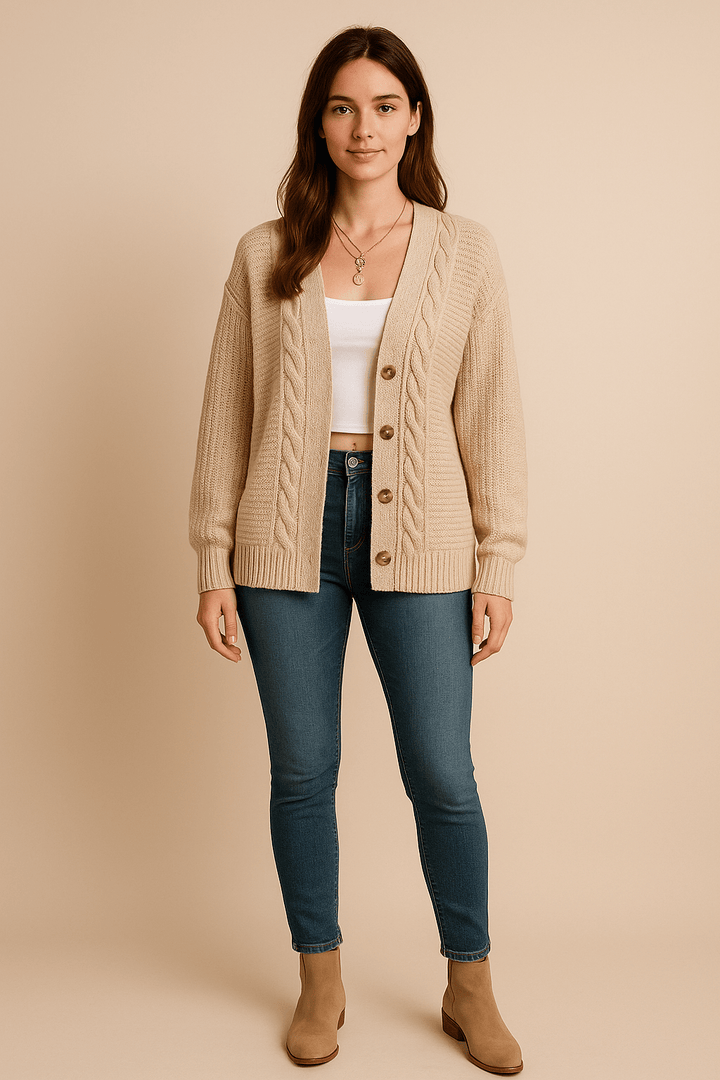 Karine – Women’s Oversized Wool Knit Cable Cardigan Jacket with Button Front