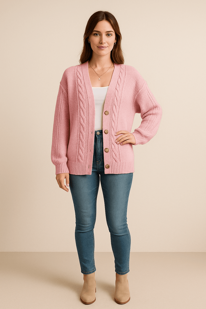 Karine – Women’s Oversized Wool Knit Cable Cardigan Jacket with Button Front