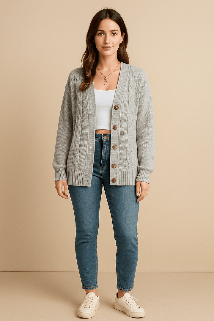 Karine – Women’s Oversized Wool Knit Cable Cardigan Jacket with Button Front