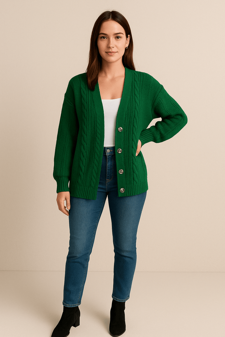 Karine – Women’s Oversized Wool Knit Cable Cardigan Jacket with Button Front