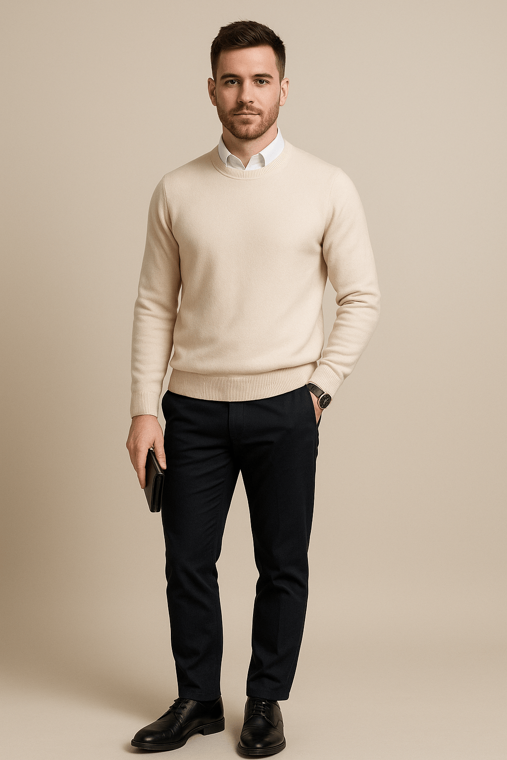 Kenneth – Men’s Wool Blend Crew Neck Sweater with Ribbed Cuffs & Hem