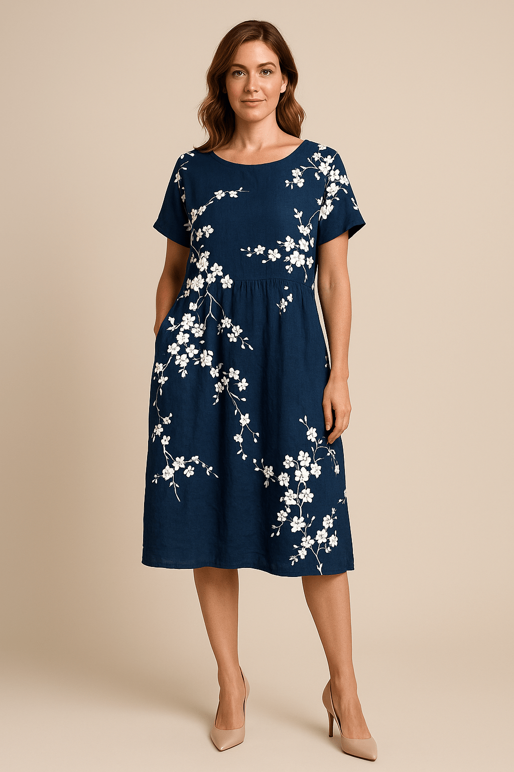 Lara – Women’s Flowy Floral Midi Dress with Short Sleeves
