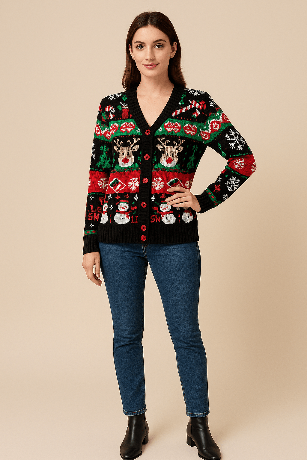 Leya – Women’s Festive Knit Cardigan with Holiday Motif and Ribbed Trim