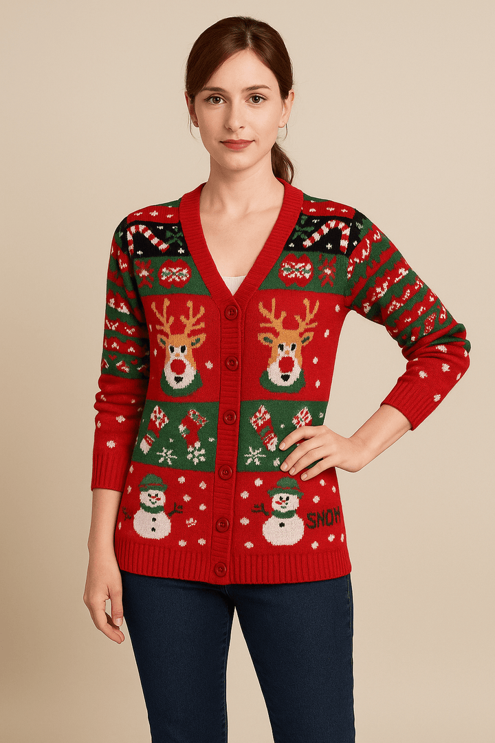 Leya – Women’s Festive Knit Cardigan with Holiday Motif and Ribbed Trim