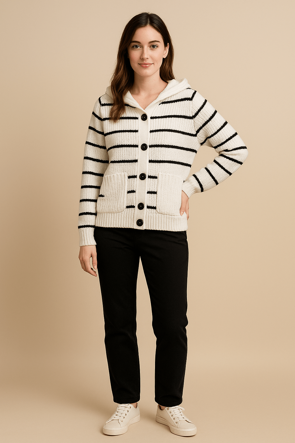 Maja – Women’s Striped Knit Hooded Cardigan with Button Front