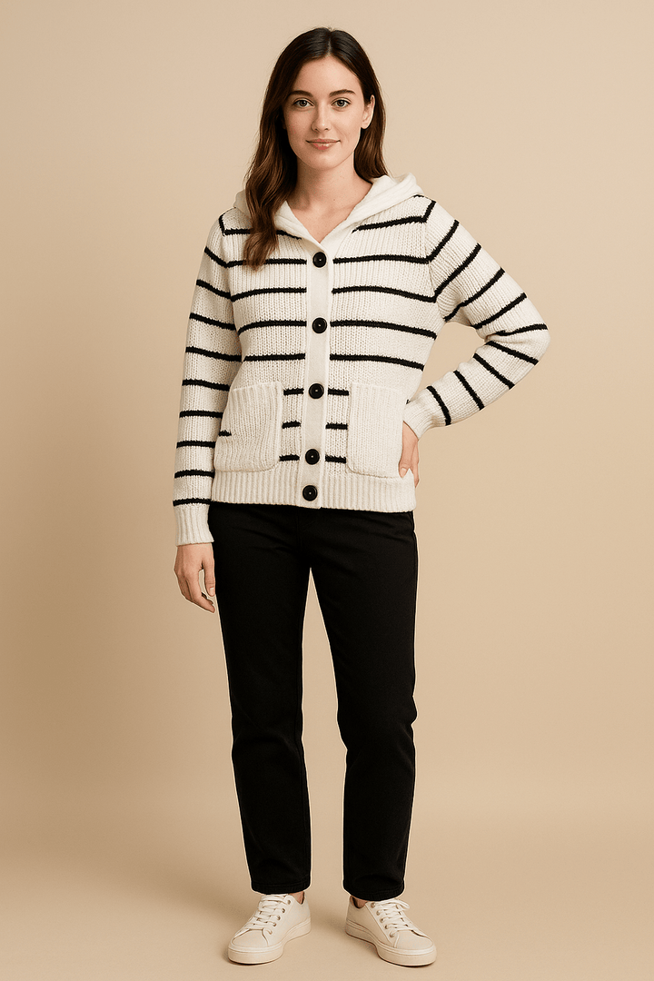 Maja – Women’s Striped Knit Hooded Cardigan with Button Front