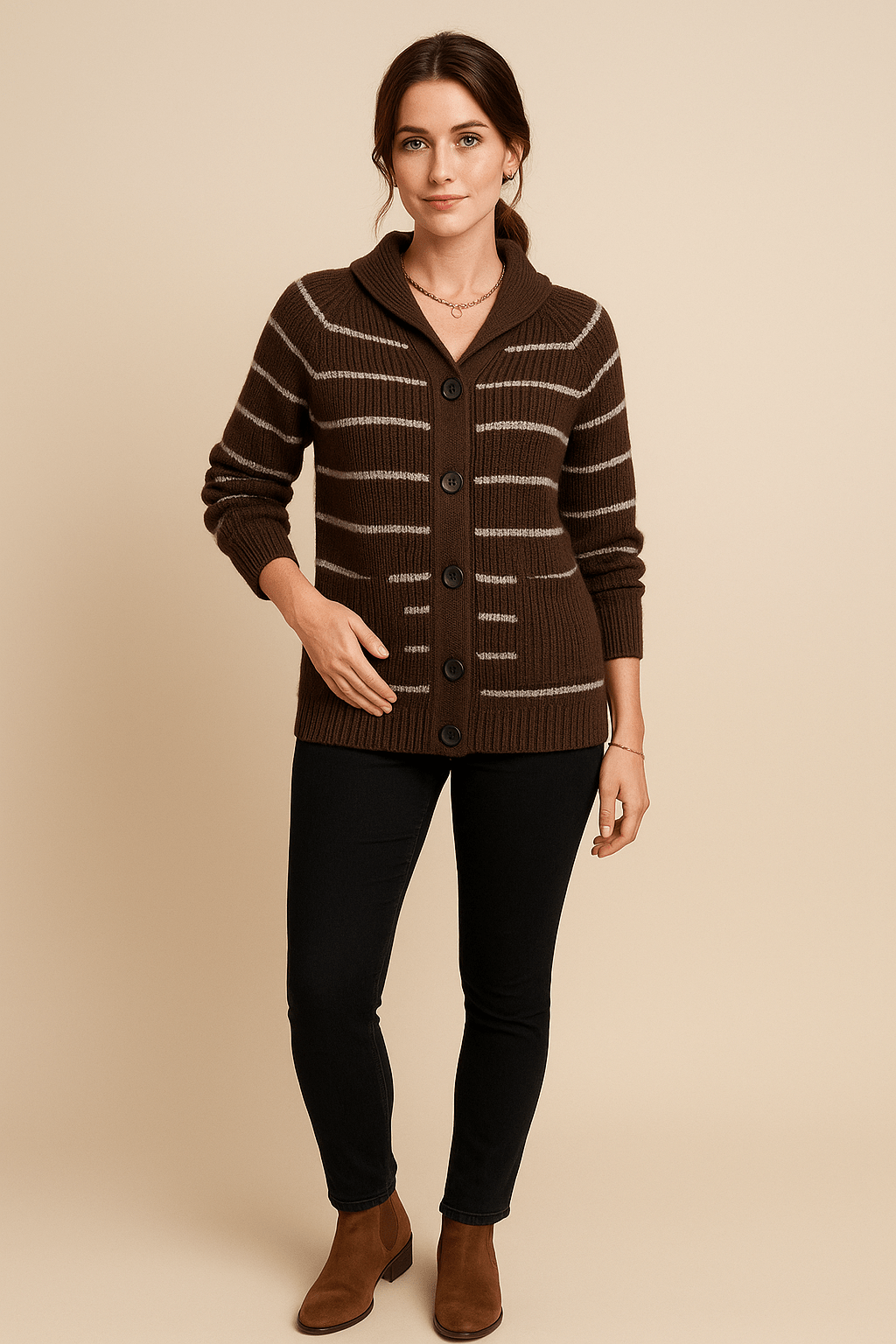 Maja – Women’s Striped Knit Hooded Cardigan with Button Front