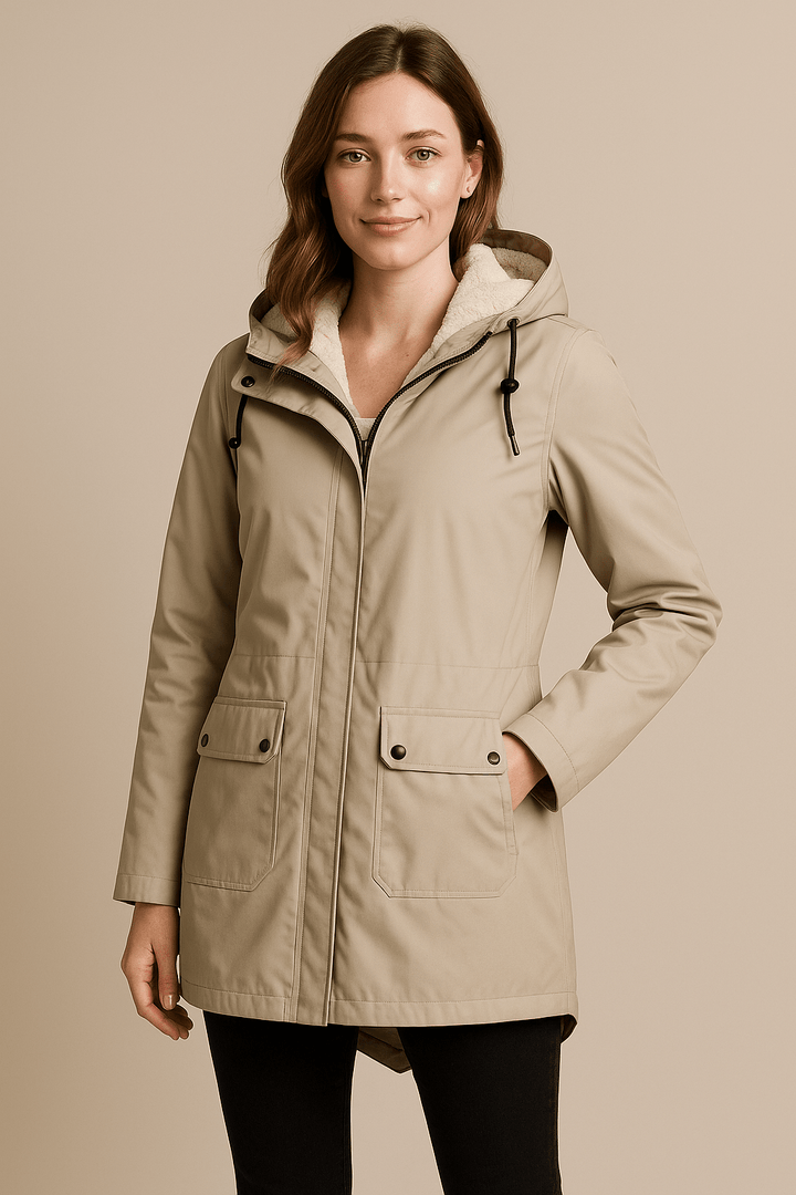 Meera – Women’s Waterproof Fleece-Lined Hooded Trench Coat with Tailored Fit