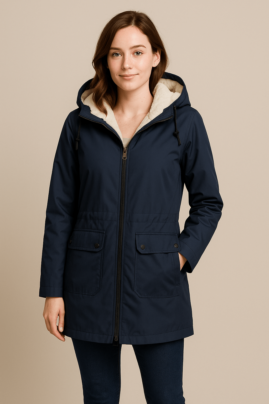 Meera – Women’s Waterproof Fleece-Lined Hooded Trench Coat with Tailored Fit