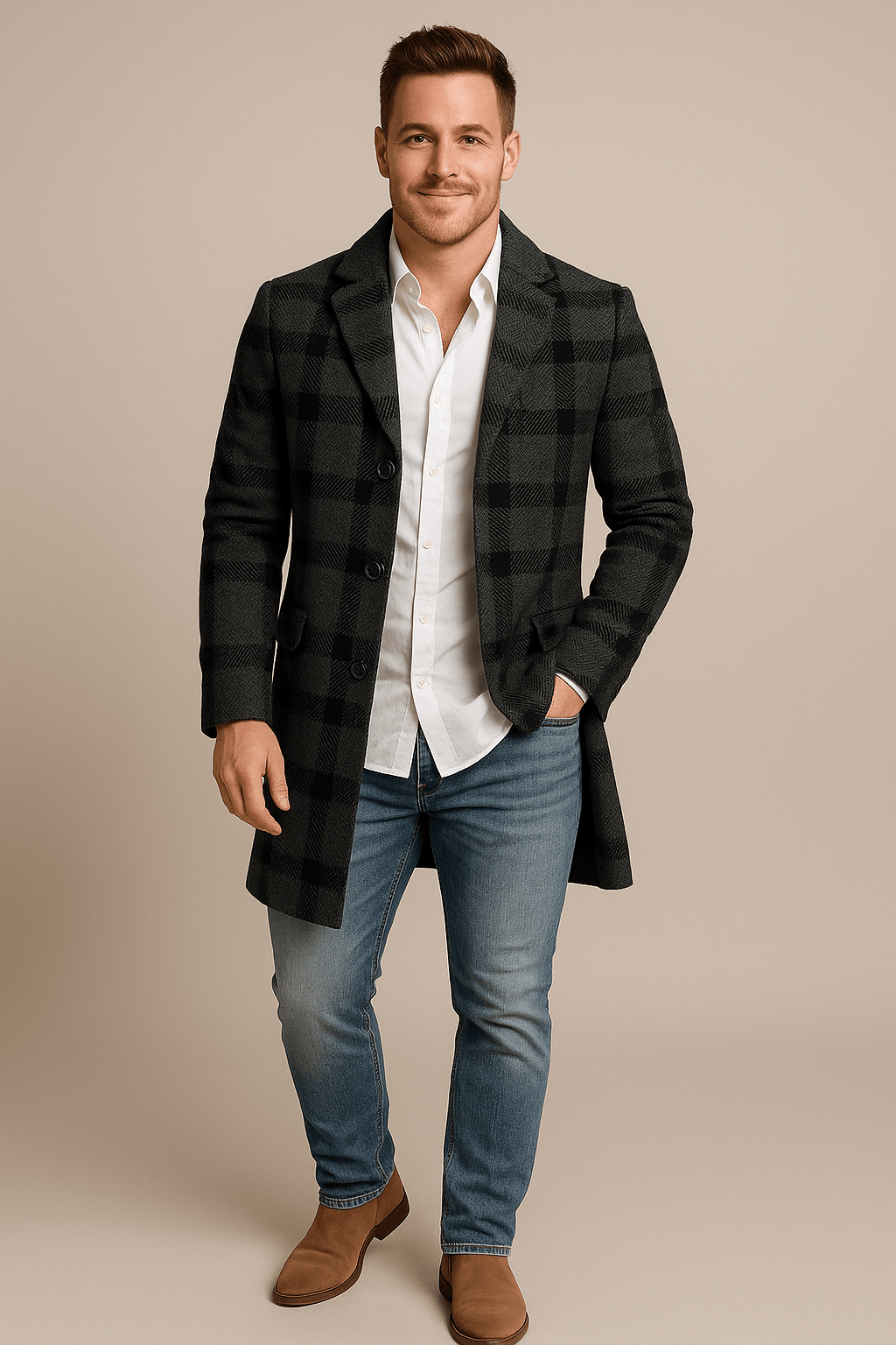 Morten – Men’s Plaid Trench Coat with Belted Waist & Double-Breasted Fit
