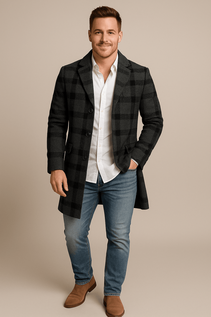 Morten – Men’s Plaid Trench Coat with Belted Waist & Double-Breasted Fit