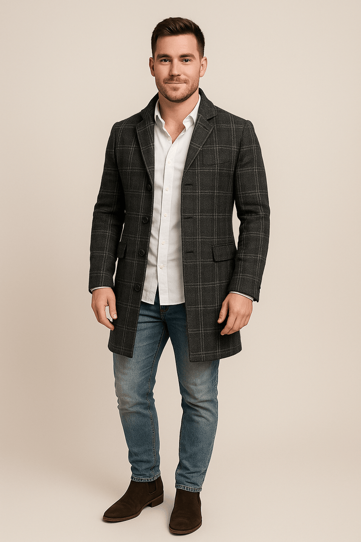 Morten – Men’s Plaid Trench Coat with Belted Waist & Double-Breasted Fit