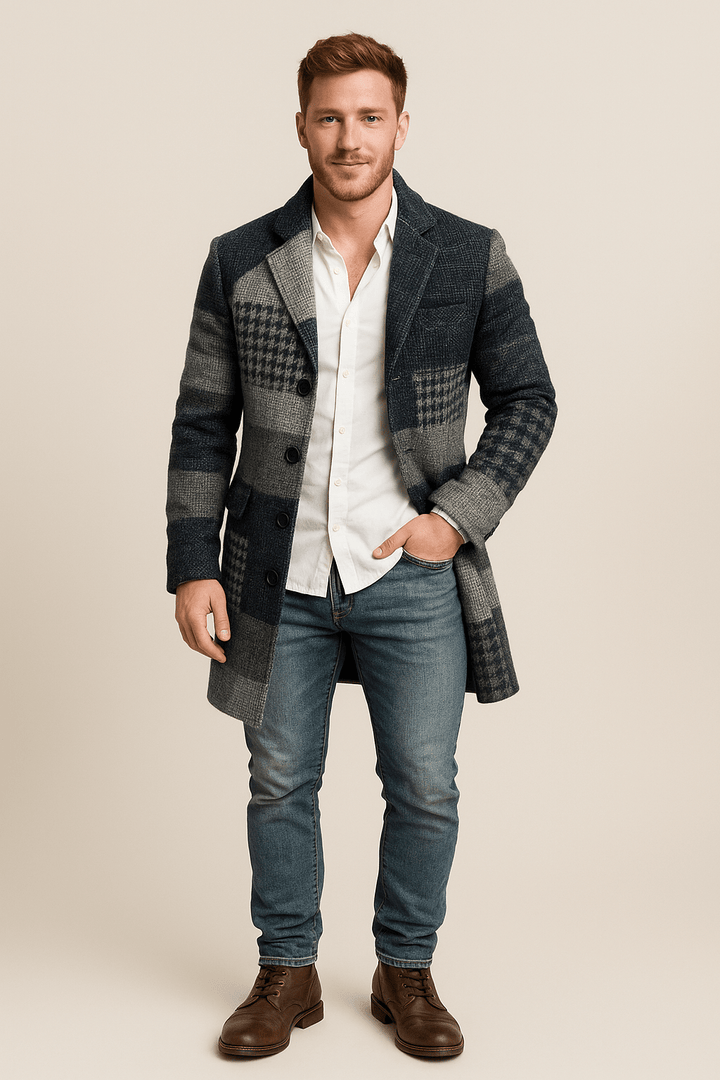 Morten – Men’s Plaid Trench Coat with Belted Waist & Double-Breasted Fit
