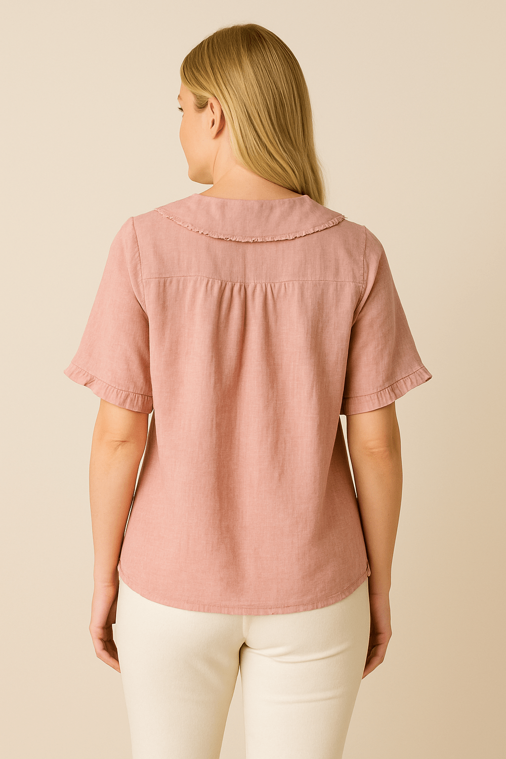 Poppy Doll Retro Cotton-Linen Short Sleeve Shirt with Doll Collar