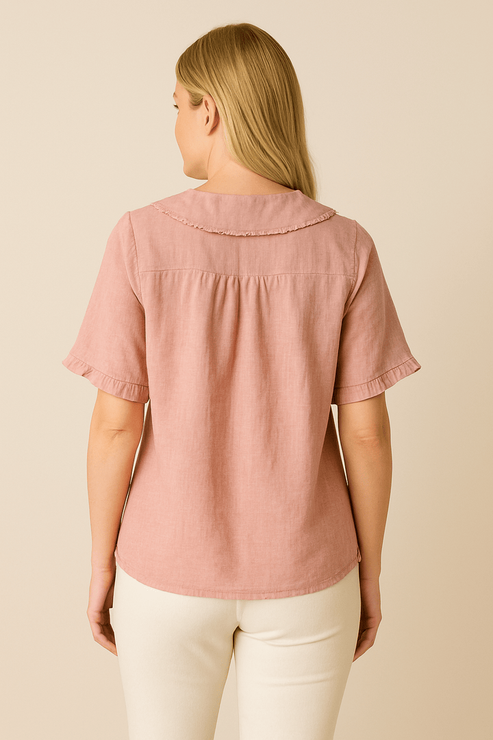 Poppy Doll Retro Cotton-Linen Short Sleeve Shirt with Doll Collar