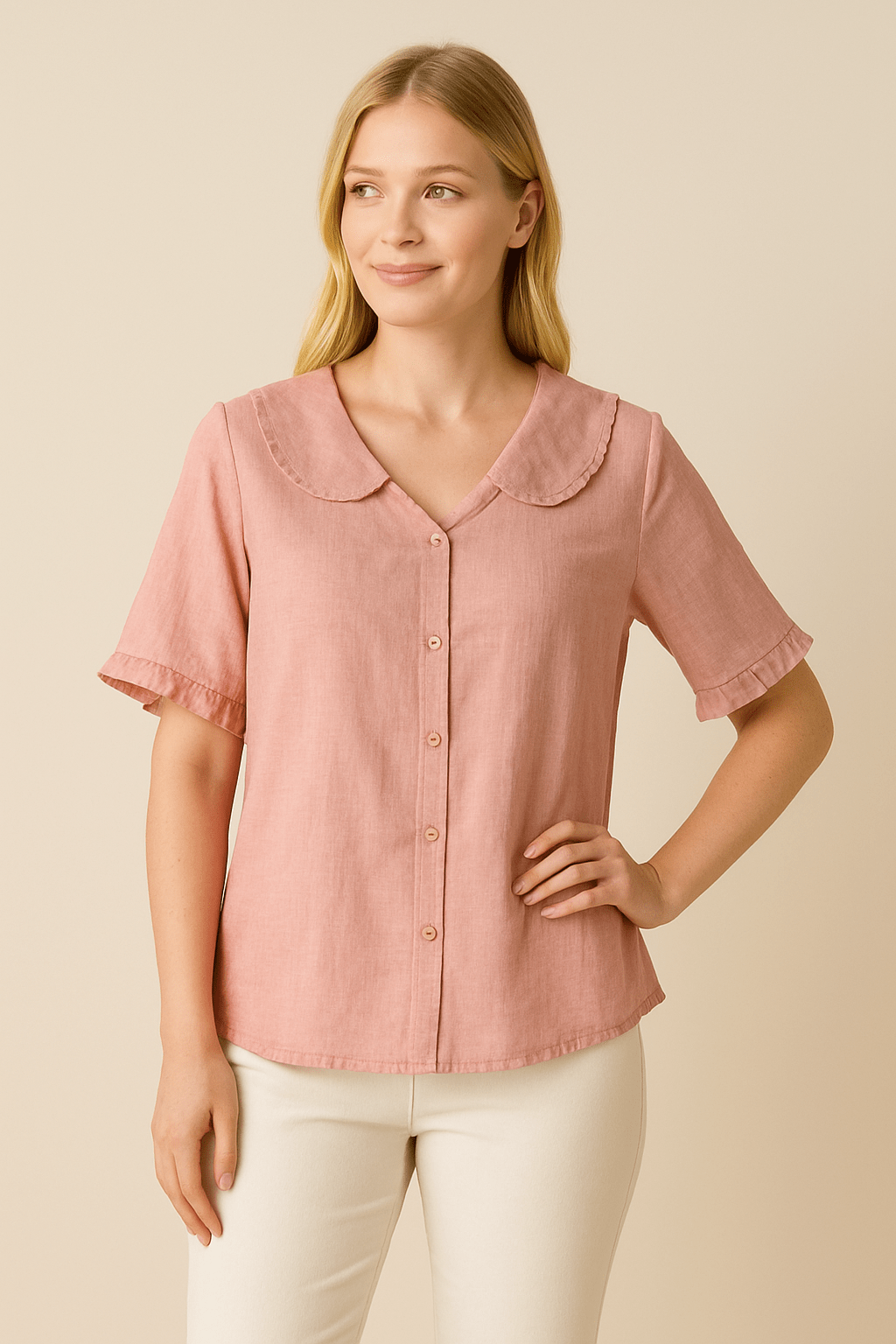 Poppy Doll Retro Cotton-Linen Short Sleeve Shirt with Doll Collar