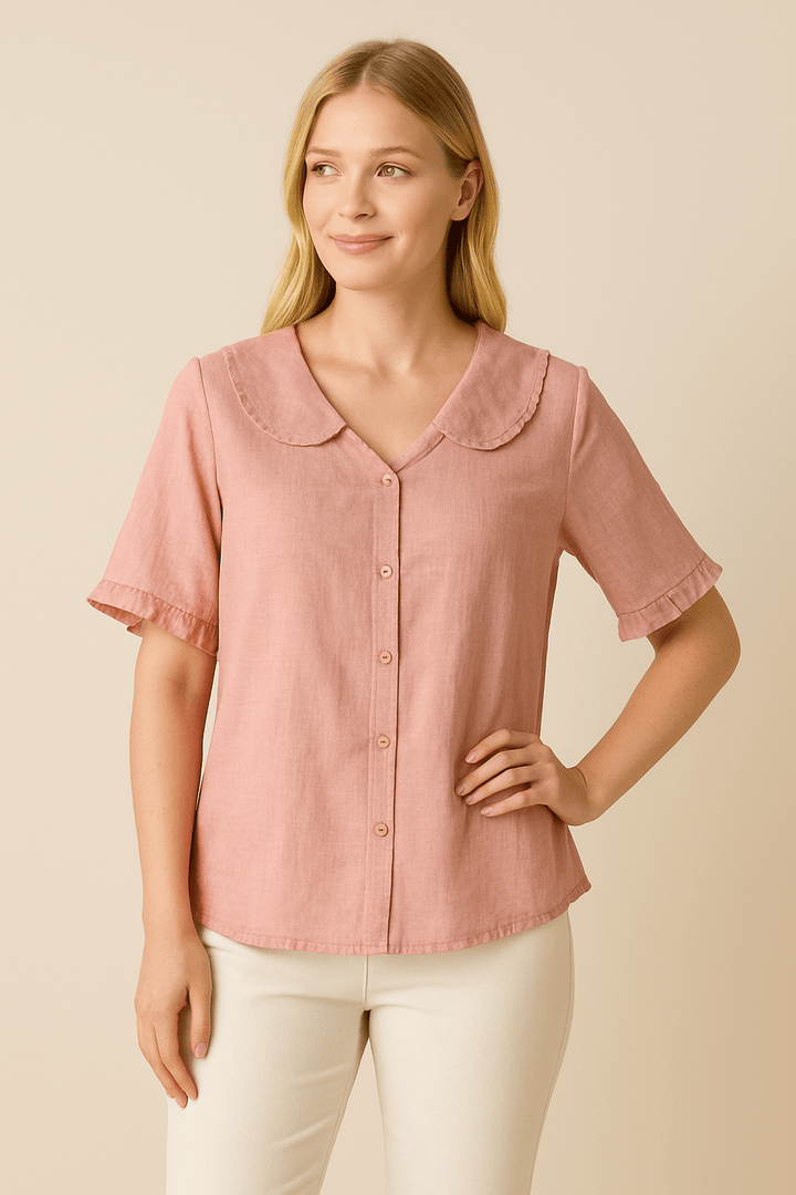 Poppy Doll Retro Cotton-Linen Short Sleeve Shirt with Doll Collar