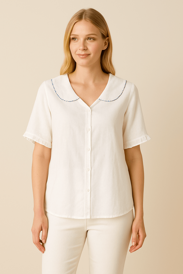 Poppy Doll Retro Cotton-Linen Short Sleeve Shirt with Doll Collar