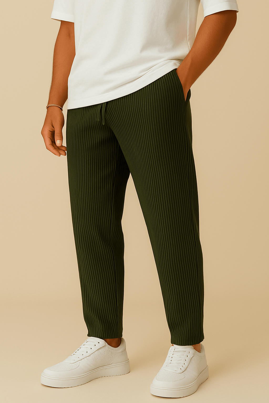 Ribbed Relaxed Fit Trousers with Stretch Waistband and Pockets