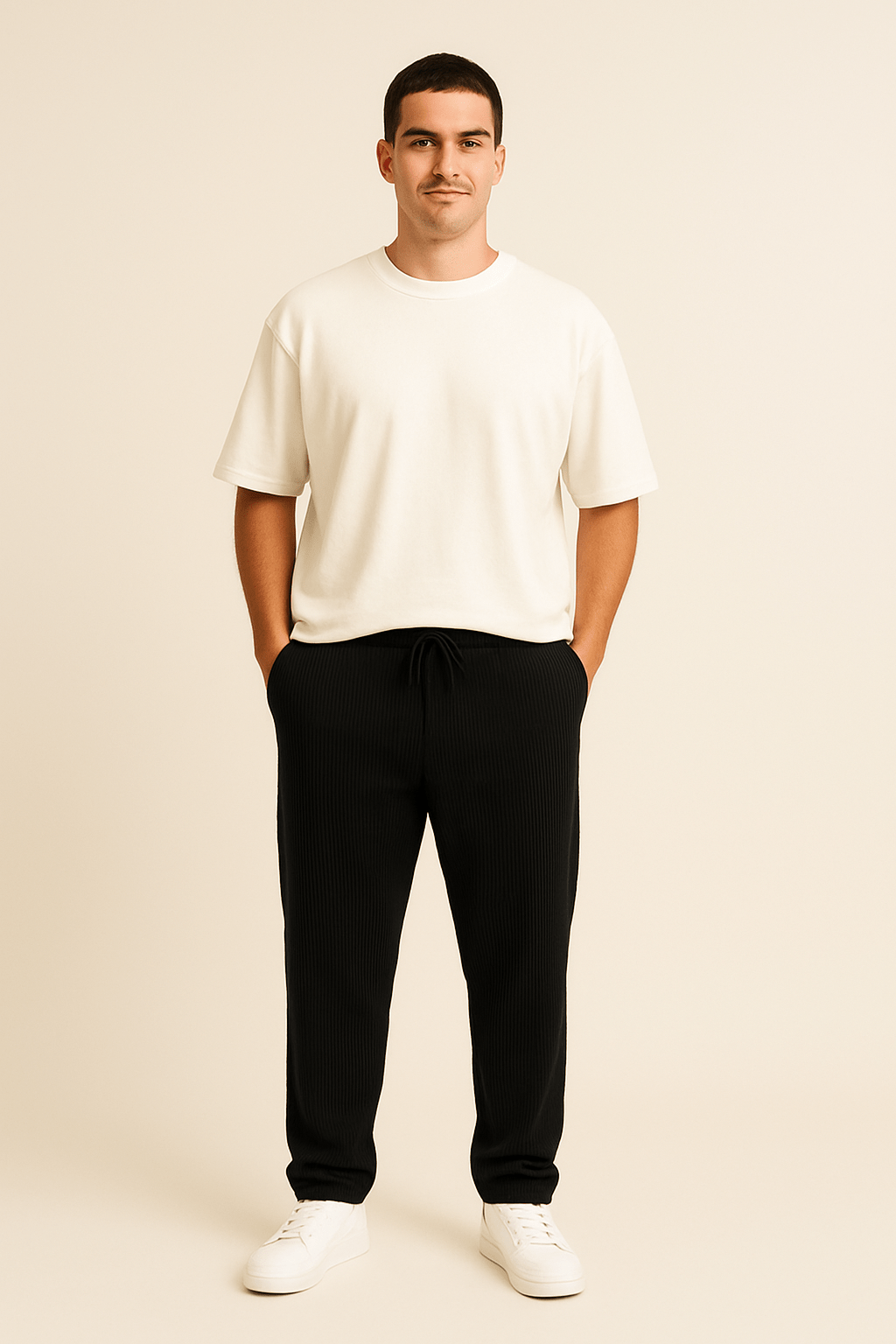 Ribbed Relaxed Fit Trousers with Stretch Waistband and Pockets