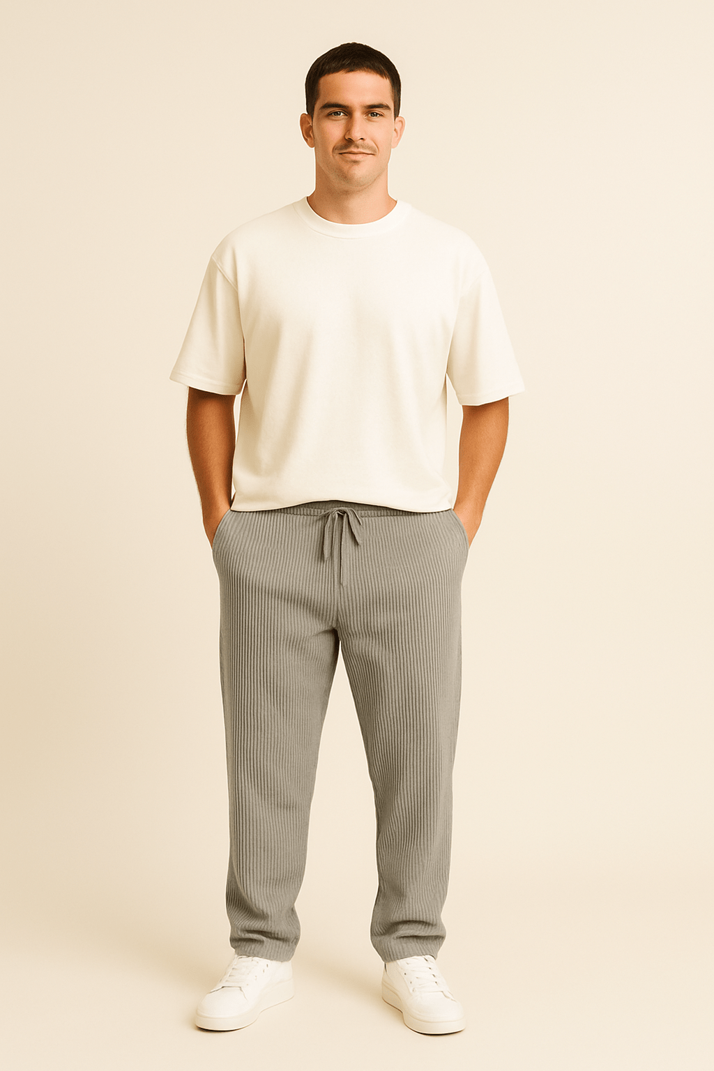Ribbed Relaxed Fit Trousers with Stretch Waistband and Pockets