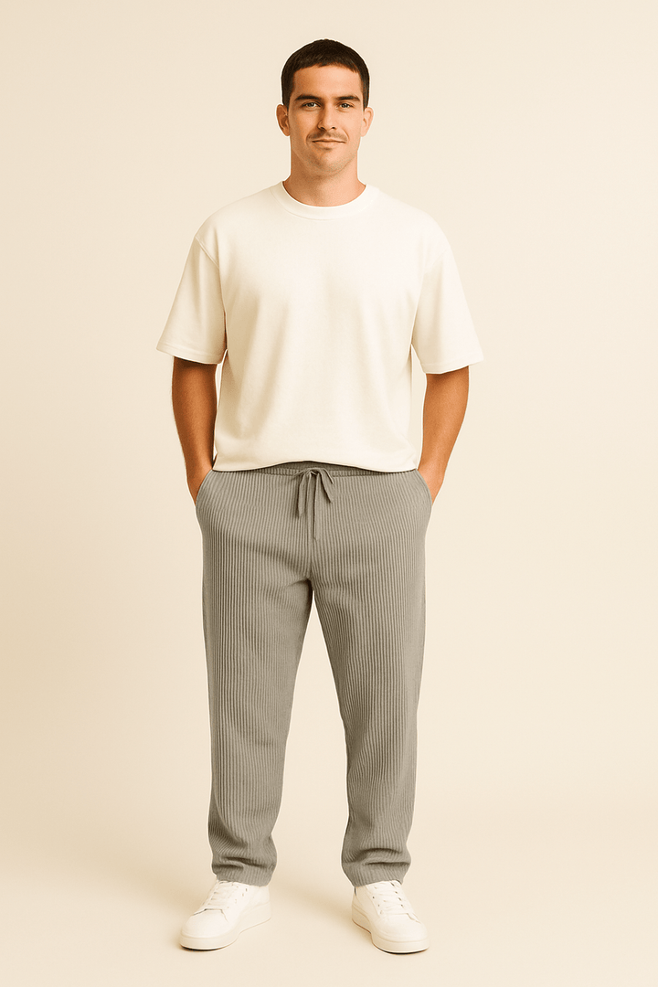 Ribbed Relaxed Fit Trousers with Stretch Waistband and Pockets