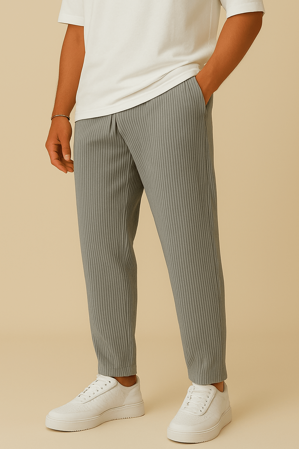 Ribbed Relaxed Fit Trousers with Stretch Waistband and Pockets