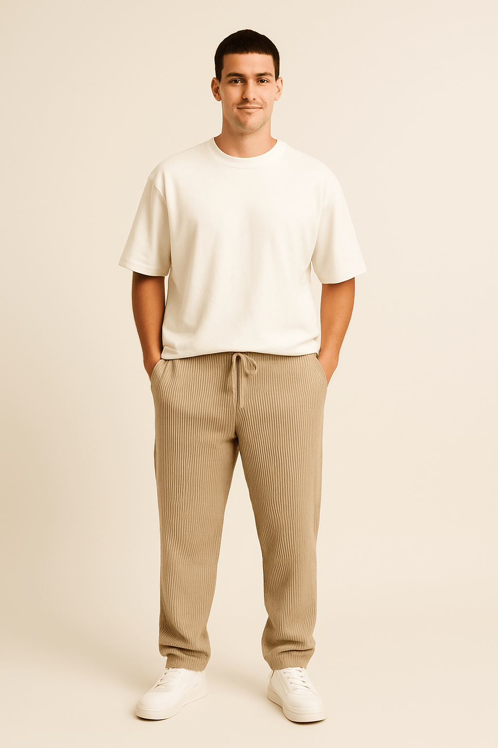 Ribbed Relaxed Fit Trousers with Stretch Waistband and Pockets