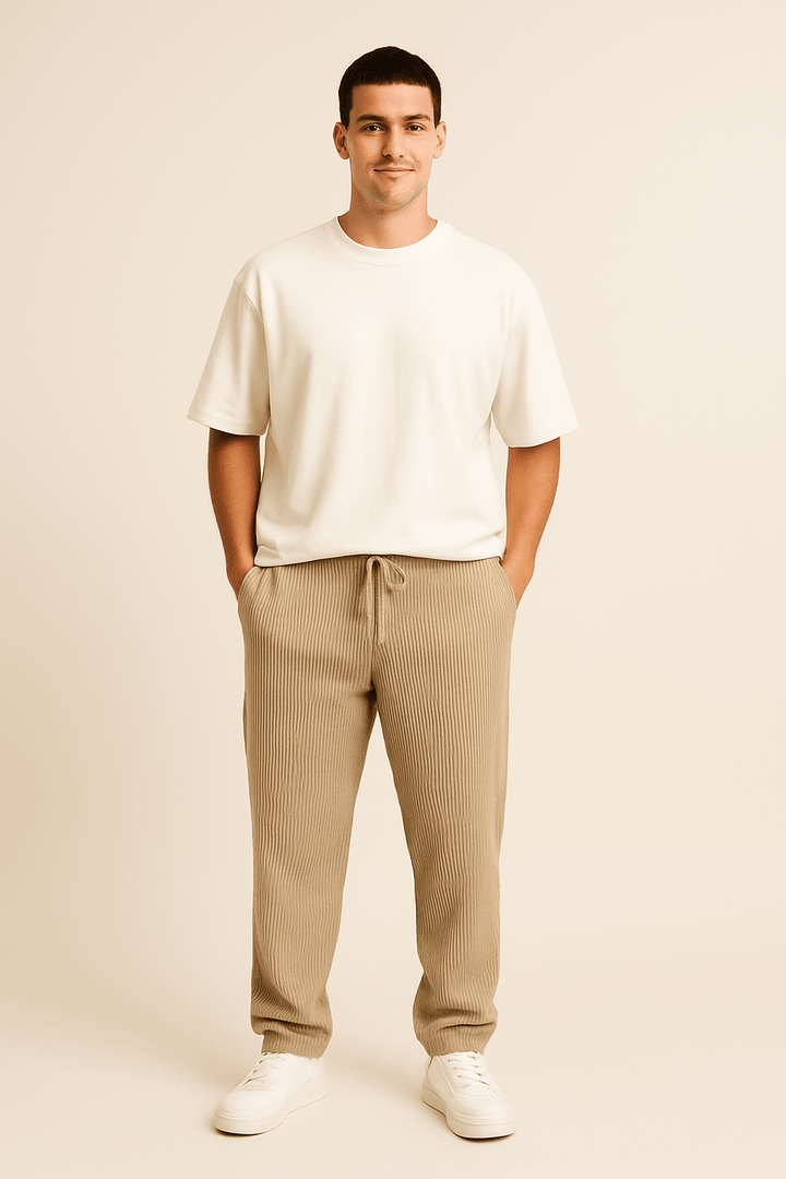 Ribbed Relaxed Fit Trousers with Stretch Waistband and Pockets