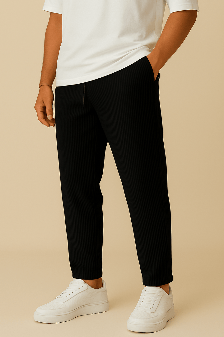 Ribbed Relaxed Fit Trousers with Stretch Waistband and Pockets