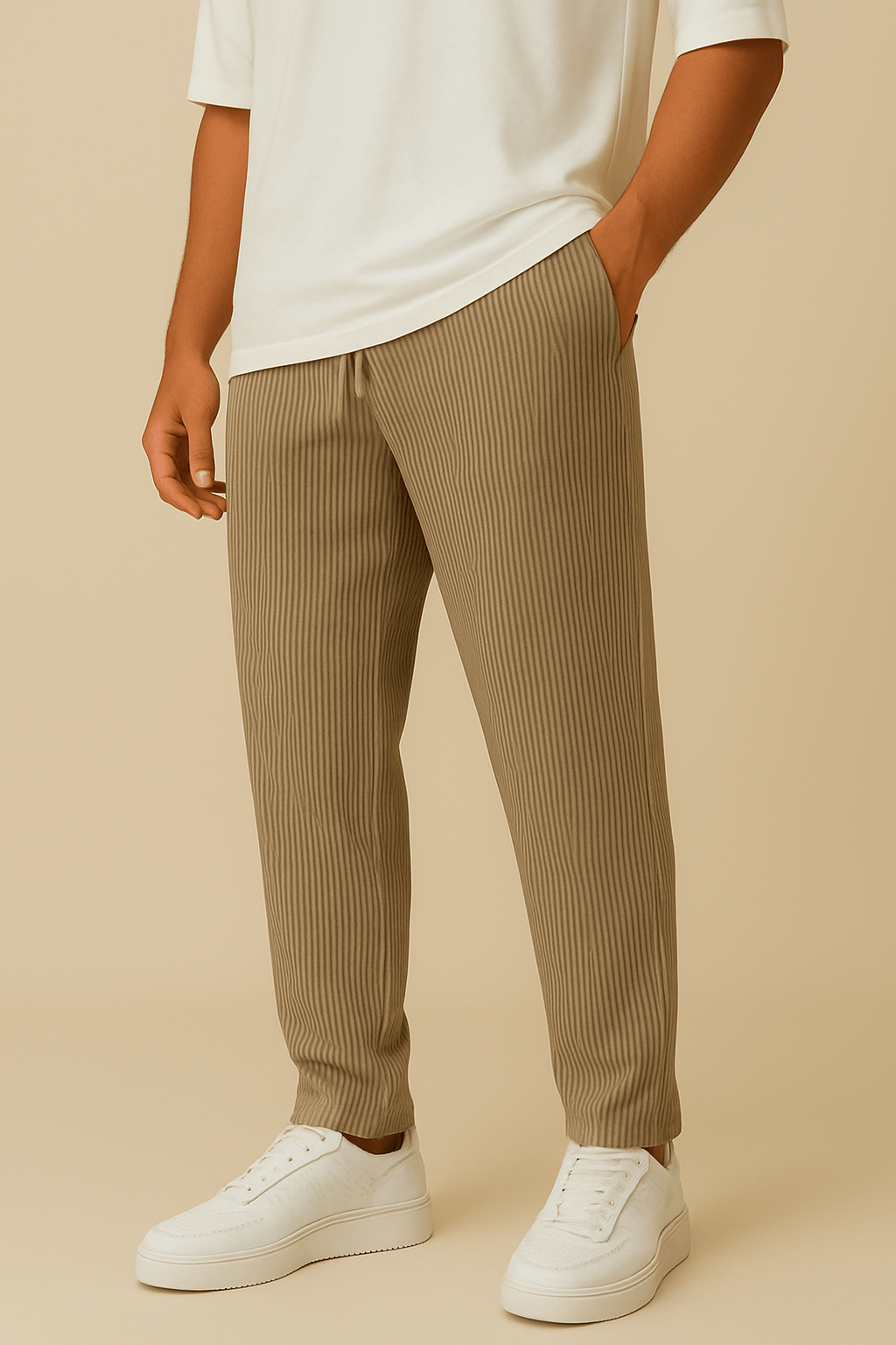 Ribbed Relaxed Fit Trousers with Stretch Waistband and Pockets