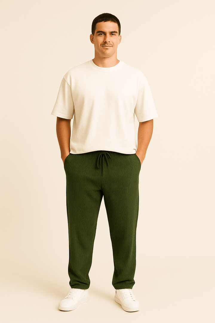 Ribbed Relaxed Fit Trousers with Stretch Waistband and Pockets