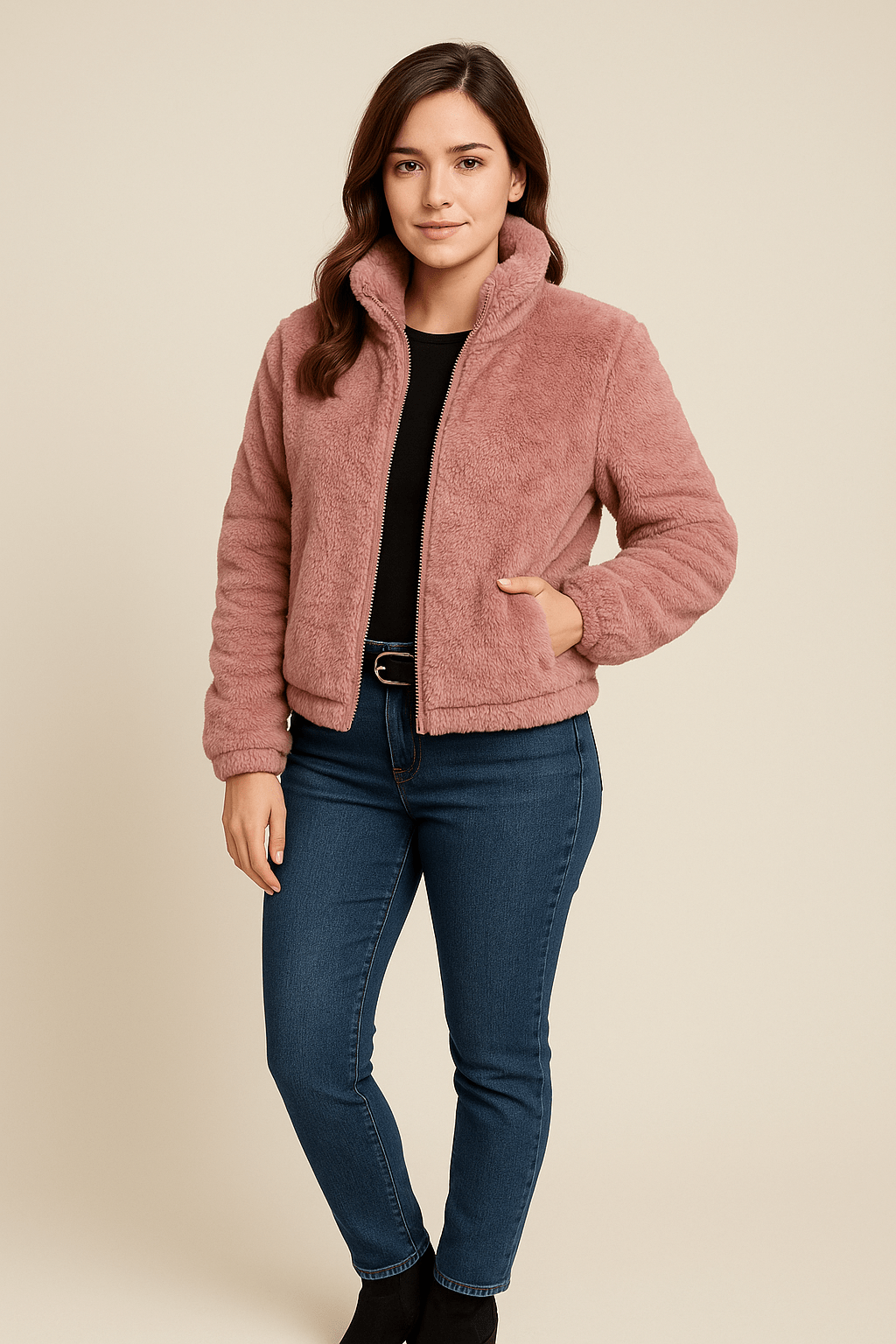 Thea – Women’s Faux Leather Plush Zip-Up Cardigan with High Collar