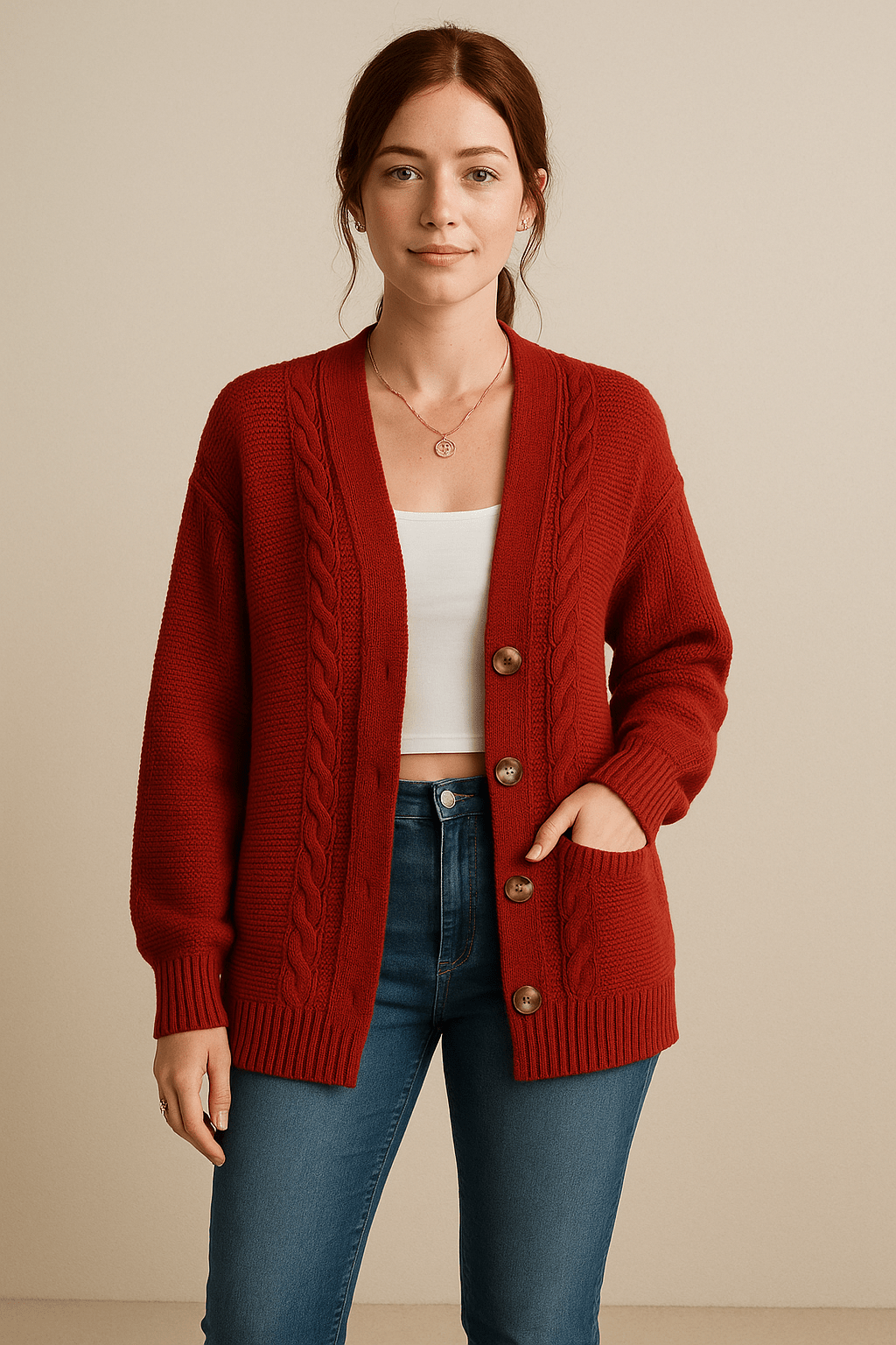 Karine – Women’s Oversized Wool Knit Cable Cardigan Jacket with Button Front