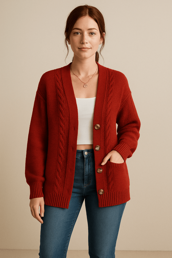 Karine – Women’s Oversized Wool Knit Cable Cardigan Jacket with Button Front