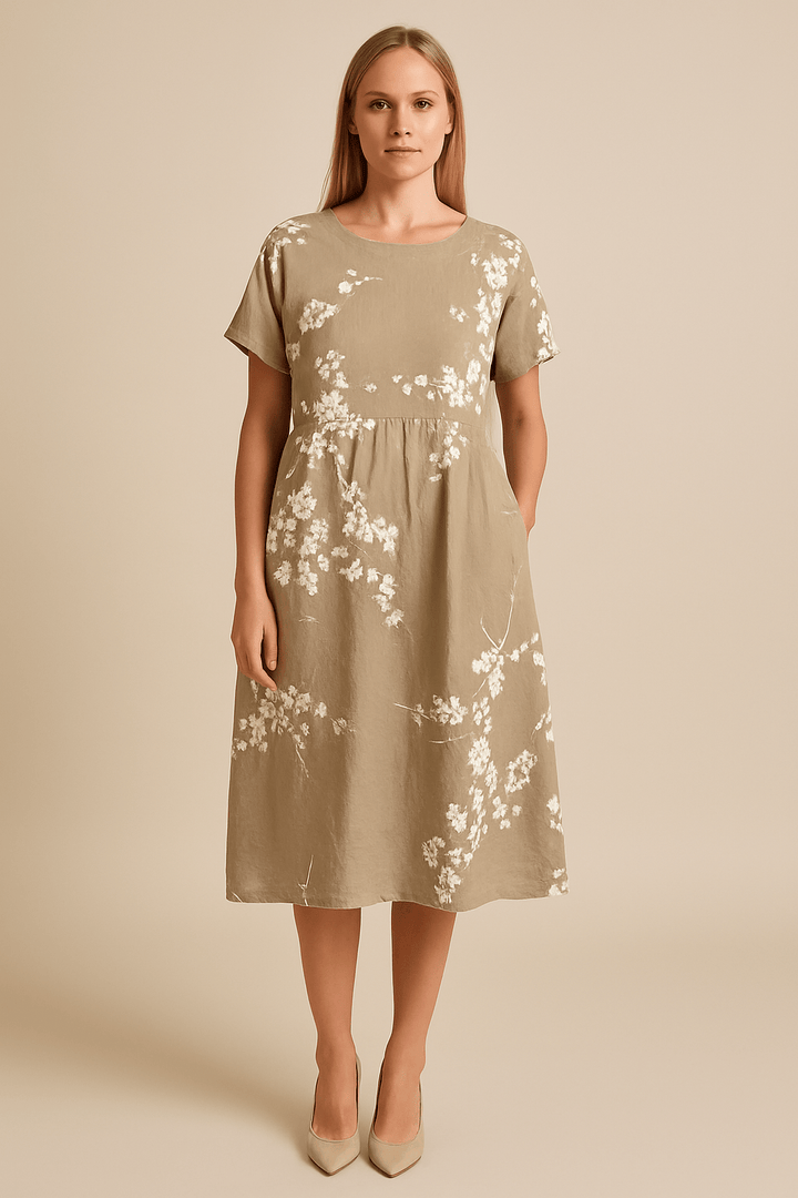 Lara – Women’s Flowy Floral Midi Dress with Short Sleeves