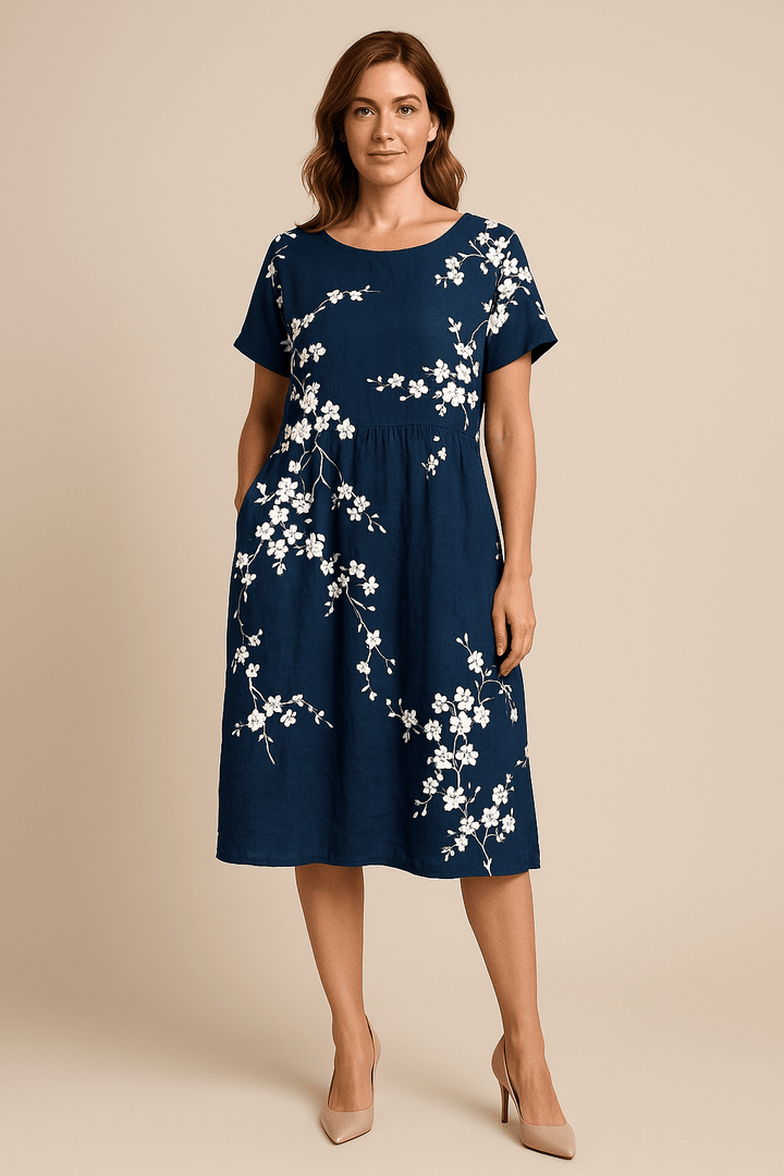 Lara – Women’s Flowy Floral Midi Dress with Short Sleeves