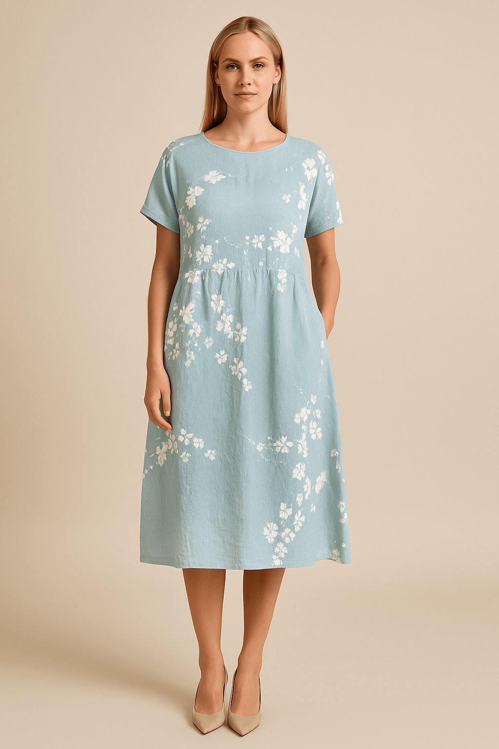 Lara – Women’s Flowy Floral Midi Dress with Short Sleeves