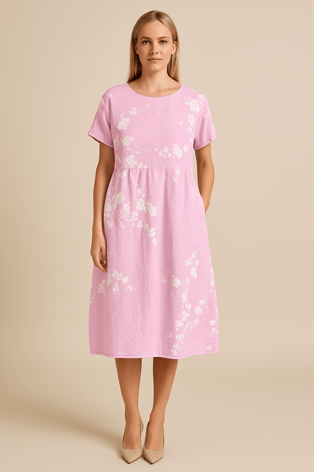 Lara – Women’s Flowy Floral Midi Dress with Short Sleeves