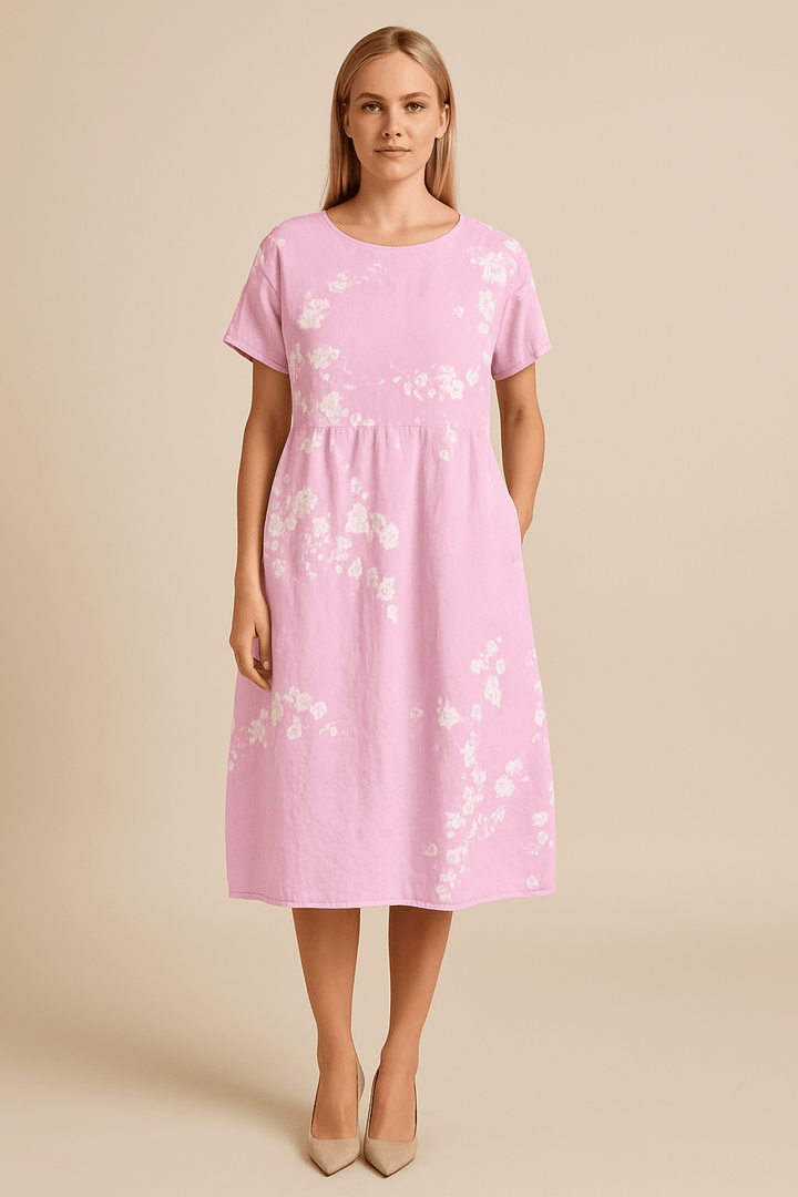 Lara – Women’s Flowy Floral Midi Dress with Short Sleeves